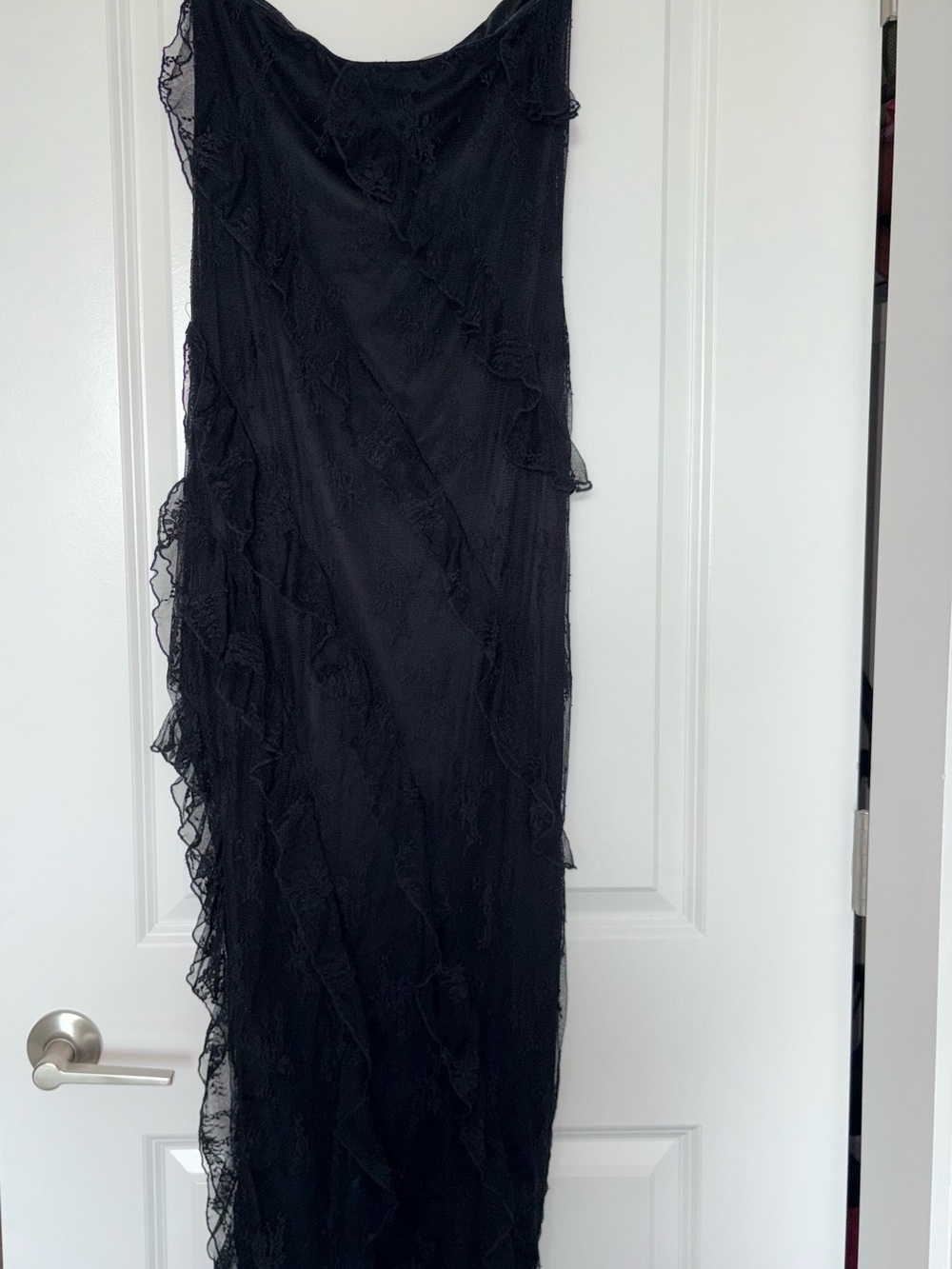 Paris Hilton (L) Black Lace Maxi Strapless dress with Ruffle Detail